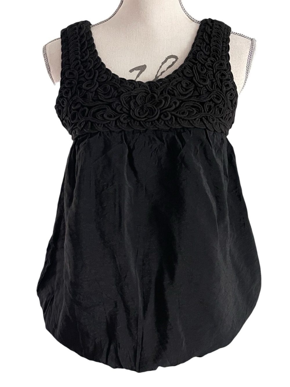 New Panitti Black Crochet-Trim Sleeveless Smock Hem Blouson Boho Top (S)